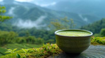 ai gerado copo do recentemente preparado matcha contra a pano de fundo do montanhas e natureza foto