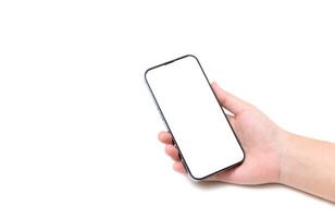 mão segurando inteligente telefone brincar e tela transparente isolado para infográfico o negócio rede local foto