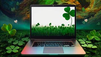 ai gerado computador portátil com uma verde trevo em a monitor dentro uma mágico decoração para st. patrick's dia. sazonal controlo remoto trabalhar, Internet, uma feriado cartão, compras, sorte, verde casa. ai gerado foto