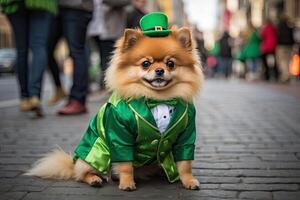 ai gerado uma gengibre cachorro do a alemão spitz procriar dentro uma verde terno com trevo para a st. patrick's dia feriado em a rua do a cidade. roupas para pequeno raças do cães, Festa. ai gerado foto