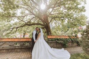 uma bonito noivo abraços dele noiva dentro uma exuberante branco vestir e sorrisos dentro uma lindo ao ar livre contexto. debaixo a aberto céu. Alto qualidade foto. uma recém-casado casal poses juntos em uma ensolarado verão dia. foto