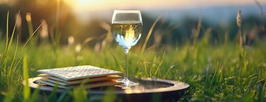 ai gerado Páscoa celebração com matzah e branco vinho. a configuração Sol elencos uma suave brilho em ázimo pão e uma preenchidas vidro, simbolizando judaico herança. panorama com cópia de espaço. foto