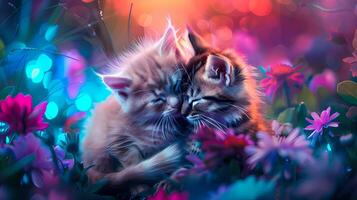 ai gerado dois fofo gatinhos dormir pacificamente em colorida flores foto