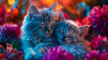 ai gerado dois fofo gatinhos dormir pacificamente em colorida flores foto