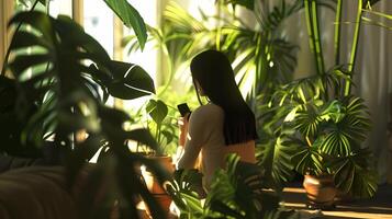 ai gerado lá estão muitos lindo exuberante interior plantas em a sacada, e uma mulher é segurando uma Smartphone dentro dela mão. foto