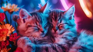 ai gerado dois fofo gatinhos dormir pacificamente em colorida flores foto