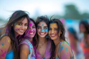 ai gerado jovem e feliz hindu indiano mulheres manchado com brilhante colorida pó pintar, comemoro holi festival Dahan conceito. foto