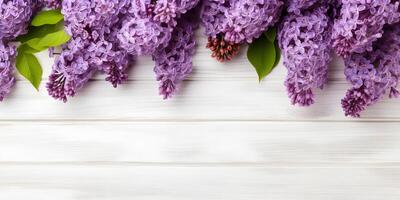 ai gerado lilás flores em branco de madeira fundo, Primavera plano deitar bandeira. dia dos namorados, mulheres, mães dia, aniversário ou Casamento conceito. topo visualizar. cópia de espaço. gerado ai. foto