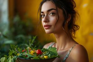 ai gerado lindo jovem mulher, fechar acima retrato, segurando fresco vegetal salada em amarelo fundo. saudável estilo de vida conceito. foto