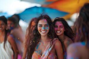 ai gerado jovem e feliz hindu indiano mulheres manchado com brilhante colorida pó pintar, comemoro holi festival Dahan conceito. foto