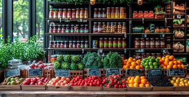 ai gerado mercearia loja, exibição casos com produtos - ai gerado imagem foto