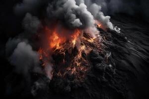 ai gerado vulcão montanha erupção com fumaça e fogosa lava, topo visualizar. foto