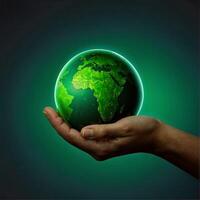 ai gerado uma pessoas mão segurando uma brilhando verde globo do a terra. isto imagem simboliza de Meio Ambiente sustentabilidade. foto