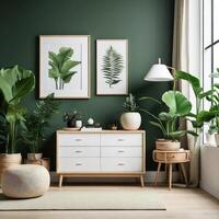 ai gerado uma à moda verde moderno vivo quarto interior apresentando elegante mobília, com uma foco em projeto, conforto, e vegetação plantar foto