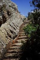 antigo pedra passos esculpido para dentro a Rocha cercado de Mediterrâneo árvores foto