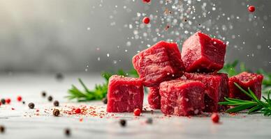 ai gerado peças do cru carne bovina. conjunto do fresco carne cubos isolado em branco fundo - ai gerado imagem foto