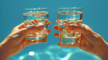 ai gerado a mãos do uma fêmea com uma vidro do água estão mostrando contra uma luz azul fundo foto
