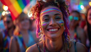 ai gerado retrato do uma sorridente mulher com arco Iris face pintar, simbolizando orgulho e alegria no meio uma festivo multidão. generativo ai. foto