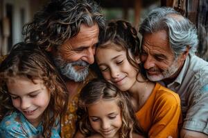 ai gerado íntimo momento Como dois Senior homens compartilhar uma caloroso abraço com três jovem garotas. generativo ai. foto