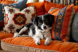 ai gerado uma Preto e branco cachorro acrescenta uma toque do vivacidade para a eclético e elegantemente decorado sala, cheio com vibrante laranja almofadas. generativo ai. foto