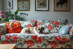 ai gerado uma encantador pug salões graciosamente em uma floral estampado sofá, complementado de astuto casa decoração e emoldurado cachorro retratos. generativo ai. foto