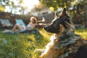 ai gerado uma comovente família cena dentro a quintal apresentando uma alegre dourado retriever e borrado família membros dentro a fundo. generativo ai. foto