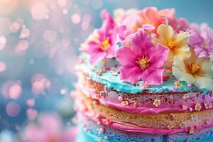ai gerado uma floral fantasia, vibrante Flor bolo. generativo ai. foto