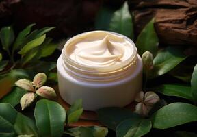 ai gerado natural Cosmético creme jarra em uma velho madeira mesa com folhas e flor foto