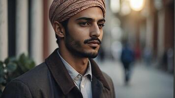 ai gerado retrato do uma bonita jovem muçulmano homem, retrato do uma homem, bonita muçulmano homem foto