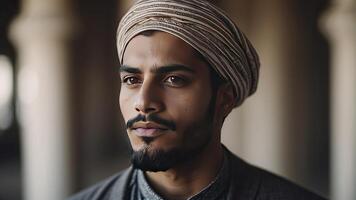 ai gerado retrato do uma bonita jovem muçulmano homem, retrato do uma homem, bonita muçulmano homem foto