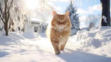 ai gerado vermelho gato anda em dentro inverno. neural rede ai gerado foto