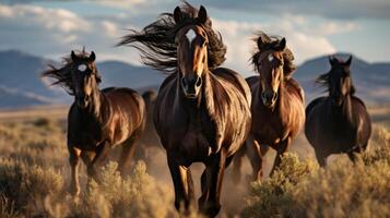 ai gerado cavalos livre corre em deserto tempestade contra pôr do sol céu. neural rede ai gerado foto