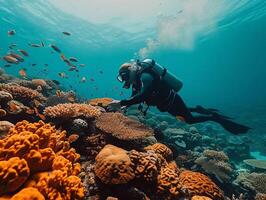 ai gerado embaixo da agua mergulho mergulhador explora vibrante coral recife no meio tropical marinho vida foto