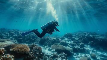 ai gerado embaixo da agua mergulho mergulhador explora vibrante coral recife no meio tropical marinho vida foto