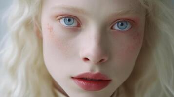 ai gerado albino menina com branco pele, natural lábios e branco cabelo. neural rede ai gerado foto