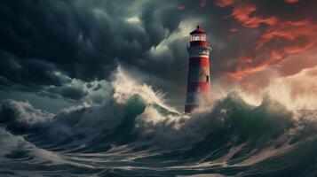 ai gerado cênico ilustração do uma lindo farol dentro uma tempestade com Forte ondas. neural rede ai gerado foto