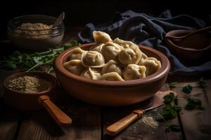 ai gerado delicioso dumplings dentro a Panela em a mesa. neural rede ai gerado foto