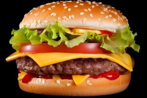 ai gerado construir carne hamburguer e francês fritas em de madeira mesa isolado em Preto fundo. neural rede ai gerado foto