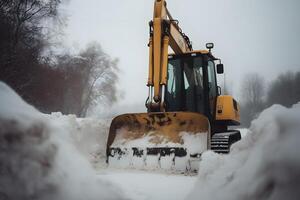 ai gerado neve arado fazendo neve remoção depois de uma nevasca. neural rede ai gerado foto