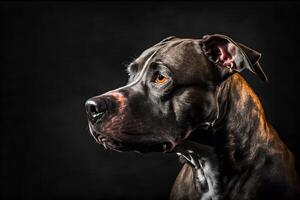 ai gerado pitbull cachorro retrato em Preto fundo. neural rede ai gerado foto