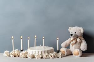 ai gerado Urso de pelúcia Urso vestindo aniversário chapéu e uma aniversário bolo. neural rede ai gerado foto