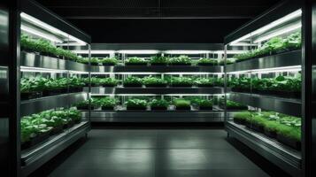 ai gerado prateleiras vertical Fazenda crescendo fresco verde plantas dentro de casa. fresco microgreens automático cultivo. gerado por IA conteúdo foto