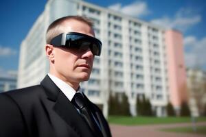 ai gerado homem de negocios vestindo virtual realidade óculos. neural rede ai gerado foto