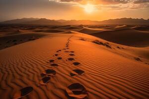 ai gerado pegadas dentro a areia dentro a deserto durante pôr do sol. neural rede ai gerado foto