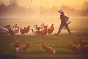 ai gerado ásia mulher agricultor levantando galinhas. neural rede ai gerado foto