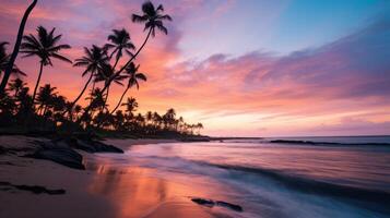 ai gerado Palma árvore em a de praia durante pôr do sol Rosa céu do lindo uma tropical de praia. neural rede ai gerado foto