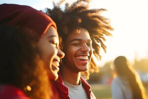 ai gerado feliz juventude alunos contra pôr do sol fundo. neural rede ai gerado foto