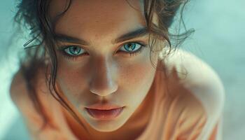 ai gerado fechar-se retrato do uma lindo jovem mulher com azul olhos, direto olhar fixamente foto