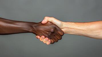 ai gerado fechar-se foto do dois mãos braços aperto de mão diferente raça multinacional amigos anti-racismo questão Socorro juntos mundo globo parceiros relação imigração