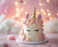 ai gerado uma caprichoso unicórnio temático aniversário bolo elegantemente exibido com suave iluminação foto